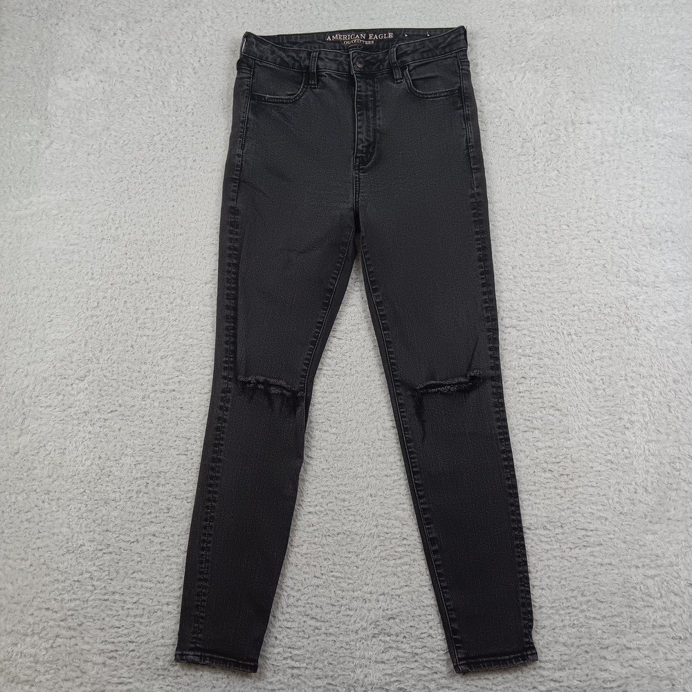 American Eagle Jean Skinny Women 10 Black Distressed Super Stretch X